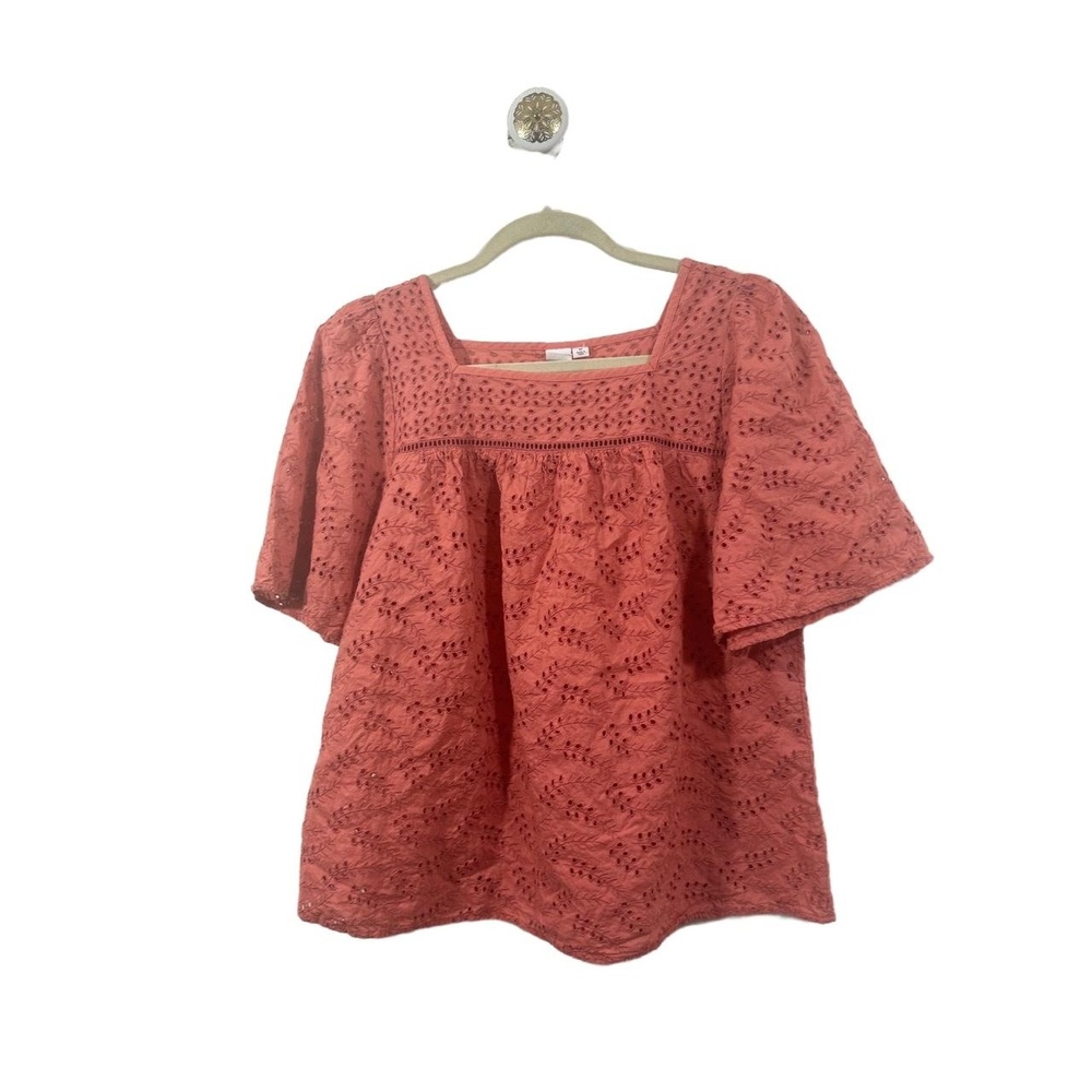 GAP Womens Size M Coral Pink Eyelet Square Neck Short Flutter Sleeve Blouse